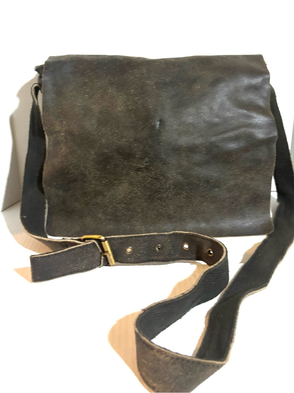 Vintage handmade unisex black Brown Leather Messenger Bag with Brass Buckle